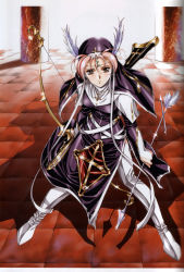 Rule 34 | 1girl, arrow (projectile), blush, boots, bow (weapon), breasts, brown eyes, cross, crossbow, dress, forehead jewel, habit, highres, holding, holding weapon, jewelry, latin cross, long sleeves, looking at viewer, necklace, nun, pink hair, shadow, side slit, solo, spread legs, standing, thigh boots, thighhighs, urushihara satoshi, weapon, white footwear, wings