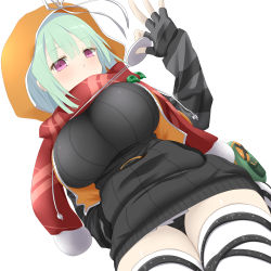 Rule 34 | 10s, 1girl, absurdres, black gloves, breasts, dutch angle, fingerless gloves, gloves, green hair, highres, hood, hoodie, large breasts, looking at viewer, magatama, md5 mismatch, naraku (senran kagura), purple eyes, ribbed sweater, scarf, senran kagura, simple background, solo, sweater, thick thighs, thighhighs, thighs, watarui, white background, white thighhighs