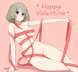 Rule 34 | 1girl, arm up, between breasts, blue eyes, blunt bangs, blush, breasts, closed mouth, collarbone, green eyes, grey hair, groin, happy valentine, heterochromia, holding, idolmaster, idolmaster cinderella girls, leaning to the side, looking away, medium breasts, mole, mole under eye, naked ribbon, navel, nude, outstretched arm, pink background, red ribbon, ribbon, senju (snz0), short hair, simple background, sitting, smile, solo, stomach, takagaki kaede, thighs, underboob