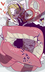 Rule 34 | 1boy, 1girl, blonde hair, blush, braid, censored, coiled, colored sclera, green sclera, heart, hetero, highres, lamia, long tongue, lying, maid headdress, missionary, monster, monster girl, original, pale skin, pussy, pussy juice, sex, slit pupils, text focus, tomatojam, tongue, tongue out, twin braids, v heart, vaginal, very long tongue, x-ray