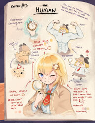 Rule 34 | 1girl, arrow (symbol), blonde hair, blue eyes, brown coat, bubba (watson amelia), coat, color guide, deerstalker, dog, english text, hair ornament, hat, highres, holding, holding magnifying glass, hololive, hololive english, journal, magnifying glass, muscular, muscular female, necktie, one eye closed, red necktie, shirt, short necktie, smol ame, stopwatch, taiyo sketches, takodachi (ninomae ina&#039;nis), virtual youtuber, watch, watson amelia, watson amelia (1st costume), white shirt