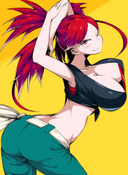 Rule 34 | 1girl, ass, breasts, cleavage, closed mouth, collarbone, creatures (company), crop top, flannery (pokemon), game freak, highres, large breasts, looking at viewer, matching hair/eyes, midriff, nintendo, one eye closed, pants, pokemon, pokemon oras, red eyes, red hair, shimure (460), simple background, sleeveless, smile, solo, twintails, yellow background