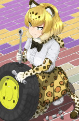 Rule 34 | 10s, 1girl, animal ears, blonde hair, blush, bow, bowtie, elbow gloves, fur collar, gloves, highres, holding, ichinose rokujo, jaguar (kemono friends), jaguar ears, jaguar print, jaguar tail, kemono friends, looking to the side, shirt, short hair, short sleeves, skirt, solo, squatting, tail, tire, wrench, yellow eyes