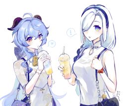 Rule 34 | !, 2girls, bag, blue hair, breasts, cup, disposable cup, drinking straw, drinking straw in mouth, earrings, floral print, ganyu (genshin impact), ganyu (heytea) (genshin impact), genshin impact, hair over one eye, hairband, heart, highres, holding, horns, jewelry, long hair, looking at viewer, medium breasts, multiple girls, parted lips, shenhe (genshin impact), shenhe (heytea) (genshin impact), short sleeves, simple background, single earring, sleeveless, spoken exclamation mark, spoken heart, tassel, tassel earrings, tatata taira, very long hair, white background, white hair