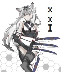 Rule 34 | 1girl, absurdres, animal ears, bare shoulders, black bodysuit, black hairband, black sleeves, black thighhighs, blade, bodysuit, character name, claw (weapon), detached sleeves, grey eyes, grey hair, hairband, heterochromia, highres, long hair, looking at viewer, mismatched pupils, multicolored hair, no.21: feral scent (punishing: gray raven), no.21 (punishing: gray raven), parted lips, punishing: gray raven, red hair, red pupils, sidelocks, sleeves past fingers, sleeves past wrists, solo, streaked hair, thighhighs, very long hair, weapon, white eyes, wide sleeves, wolf ears, yongsadragon