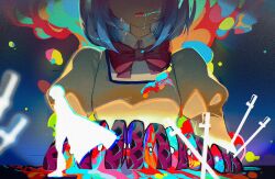 Rule 34 | 2girls, absurdres, blood, blood on face, blue background, blue blood, blue hair, bow, bowtie, cape, chinese commentary, commentary request, dual persona, explosion, facing viewer, head out of frame, highres, jacket, kong tiao bo zi, long sleeves, mahou shoujo madoka magica, mahou shoujo madoka magica (anime), miki sayaka, mitakihara school uniform, multiple girls, open mouth, planted, planted sword, planted weapon, puffy long sleeves, puffy sleeves, red bow, red bowtie, school uniform, short hair, silhouette, size difference, sliced meat, standing, stylized blood, surreal, sword, tears, upper body, weapon, yellow jacket