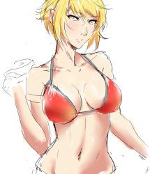 Rule 34 | 1girl, absurdres, blonde hair, breasts, cleavage, doughnut, food, highres, j adsen, kiss-shot acerola-orion heart-under-blade, large breasts, looking at viewer, monogatari (series), oshino shinobu, pointy ears, short hair, sketch, solo, white background, yellow eyes