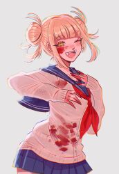 Rule 34 | 1girl, blood, blood on clothes, blood on face, blunt bangs, boku no hero academia, buttons, commentary, double bun, english commentary, fangs, grey background, hair bun, highres, one eye closed, pleated skirt, ruinique, school uniform, serafuku, sidelocks, simple background, skirt, smile, solo, teeth, toga himiko, upper teeth only, yellow eyes