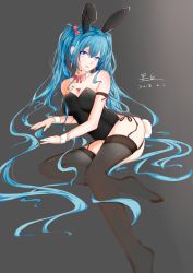 Rule 34 | 1girl, absurdly long hair, absurdres, animal ears, aqua hair, bad id, bad pixiv id, black background, black leotard, black thighhighs, blue eyes, bow, bowtie, breasts, collar, commentary, dated, english commentary, fake animal ears, garter straps, hair between eyes, hatsune miku, highres, kyudo (hysnxas), leotard, long hair, looking at viewer, medium breasts, parted lips, playboy bunny, rabbit ears, rabbit tail, solo, tail, thighhighs, twintails, very long hair, vocaloid, wrist cuffs