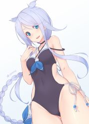 Rule 34 | 1girl, :d, bare arms, bare shoulders, black choker, black one-piece swimsuit, blue eyes, blue nails, blush, braid, breasts, choker, collarbone, commentary request, covered navel, cowboy shot, dan (kumadan), hair flaps, hand up, highres, kantai collection, long hair, looking at viewer, nail polish, one-piece swimsuit, open mouth, sidelocks, silver hair, single braid, small breasts, smile, solo, standing, swimsuit, umikaze (kancolle), umikaze kai ni (kancolle), very long hair