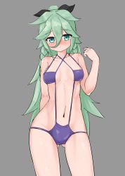 Rule 34 | 1girl, absurdres, black ribbon, braid, breasts, casual one-piece swimsuit, contrapposto, cowboy shot, green eyes, green hair, grey background, hair between eyes, hair flaps, hair ornament, hair ribbon, hairclip, highres, kantai collection, long hair, maru (marg0613), one-piece swimsuit, parted bangs, ponytail, purple one-piece swimsuit, ribbon, sidelocks, simple background, slingshot swimsuit, small breasts, solo, standing, swimsuit, twin braids, yamakaze (kancolle), yamakaze kai ni (kancolle)