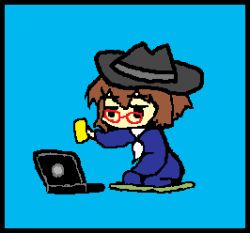 Rule 34 | androgynous, brown hair, chibi, computer, fedora, gender request, glasses, hat, laptop, lowres, necktie, solo, sponge