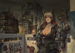 Rule 34 | 1girl, armlet, black gloves, breasts, building, caiman (dorohedoro), city, cleavage, dorohedoro, gloves, grey sky, gyoza man, horns, industrial pipe, large breasts, long hair, looking at viewer, ly hao nguyen, nikaidou (dorohedoro), outdoors, pollution, pouch, red eyes, sky, smile, spray paint, standing