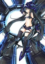 Rule 34 | 1girl, bandeau, bare shoulders, black hair, black thighhighs, blue eyes, blush, breasts, bridal gauntlets, cleavage, collarbone, full body, grin, hat, highres, long hair, low-tied long hair, low twintails, medium breasts, navel, o-ring, o-ring top, original, revealing clothes, sarasadou dan, smile, solo, stomach, thighhighs, twintails, very long hair, witch hat