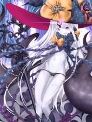 Rule 34 | 1girl, abigail williams (fate), abigail williams (third ascension) (fate), bad id, bad pixiv id, bare shoulders, black bow, black hat, black panties, bow, breasts, colored skin, fate/grand order, fate (series), forehead, glowing, glowing eye, grin, hat, highres, key, keyhole, long hair, multiple bows, navel, orange bow, panties, parted bangs, pink eyes, sharp teeth, skull print, small breasts, smile, solo, sow mhxx, staff, star (symbol), star print, stuffed animal, stuffed toy, teddy bear, teeth, tentacles, thighs, third eye, underwear, white hair, white skin, witch hat