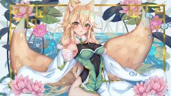 1girl animal_ear_fluff animal_ears bare_shoulders black_leotard blonde_hair blush breasts cleavage commission detached_sleeves dress flower fox_ears fox_girl fox_tail fur-trimmed_sleeves fur_trim green_dress hair_between_eyes highres isuzu_(an_icy_cat) large_breasts leotard long_hair looking_at_viewer lotus lotus_leaf multiple_tails open_mouth original ponytail skeb_commission solo suirin_(tukikagerou) tail thighs water yellow_eyes