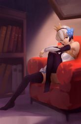 Rule 34 | 1girl, 3four, armchair, bare shoulders, black thighhighs, blue eyes, bookshelf, chair, crown, detached sleeves, dress, feet, flower, gwendolyn (odin sphere), hair flower, hair ornament, highres, leg up, looking at viewer, no shoes, odin sphere, short hair, silver hair, sitting, smile, solo, strapless, strapless dress, thighhighs, vambraces