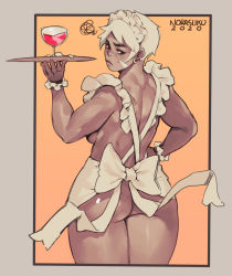Rule 34 | 1girl, alcohol, apron, ass, back, breasts, commentary, cup, dark-skinned female, dark skin, dated, drinking glass, earrings, english commentary, facial scar, flat ass, from behind, hand on own hip, highres, jewelry, lips, looking back, maid apron, maid headdress, medium breasts, mole, mole on arm, mole on shoulder, muscular, muscular female, naked apron, no bra, no panties, norasuko, ramona (the prey), scar, scar on cheek, scar on face, scrunchie, short hair, sideboob, signature, solo, the prey (norasuko), tray, very short hair, white hair, wine, wine glass, wrist scrunchie