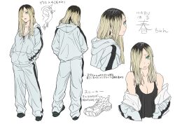 Rule 34 | 1girl, absurdres, blonde hair, breasts, character sheet, cleavage, delinquent, ear piercing, earrings, green eyes, hair over one eye, highres, jacket, jewelry, long hair, medium breasts, multicolored hair, original, pants, piercing, roots (hair), simple background, taiyou, track jacket, track pants, track suit, white background