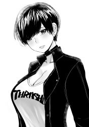 Rule 34 | 1girl, absurdres, blush, breasts, choker, cleavage, earrings, highres, jacket, jewelry, looking at viewer, medium breasts, monochrome, norman maggot, olive laurentia, original, pixie cut, shirt, short hair, simple background, solo, standing, stud earrings, white background