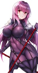 Rule 34 | 1girl, armor, blush, bodysuit, breasts, covered navel, cowboy shot, dual wielding, fate/grand order, fate (series), gae bolg (fate), hair between eyes, highres, holding, impossible clothes, large breasts, long hair, looking at viewer, nano (syoutamho), open mouth, pauldrons, polearm, purple bodysuit, purple hair, red eyes, scathach (fate), shoulder armor, sidelocks, simple background, smile, solo, spear, very long hair, weapon, white background