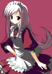 Rule 34 | 00s, 1girl, apron, black eyes, character name, copyright name, expressionless, flipped hair, hair ornament, hairclip, hairpin, hand on own hip, long hair, looking at viewer, lucy maria misora, maid headdress, neck ribbon, pink hair, puffy sleeves, red eyes, ribbon, solo, to heart (series), to heart 2, waitress