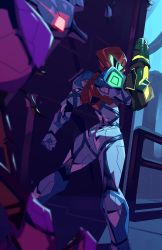 Rule 34 | 1girl, absurdres, alien, arm cannon, arm up, armor, artist request, blue background, clenched hand, from behind, full body, helmet, highres, looking back, metroid, metroid dread, monster, nintendo, power armor, samus aran, standing, visor, weapon