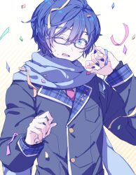 Rule 34 | 1boy, a m m a, blue eyes, blue hair, blue nails, blue scarf, breast pocket, buttons, commentary request, confetti, glasses, hair between eyes, kaito (vocaloid), lapels, leo/need (project sekai), leo/need kaito, long sleeves, lower teeth only, male focus, necktie, one eye closed, open mouth, pocket, project sekai, red necktie, scarf, school uniform, short hair, solo, teeth, upper body, vocaloid