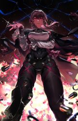 Rule 34 | 1girl, absurdres, arm under breasts, artist name, belt, black pants, boots, breasts, brown hair, commentary, explosion, explosive, eyewear on head, fire, from below, full body, glowing, glowing eyes, grenade, grenade pin, highres, honkai: star rail, honkai (series), jacket, jacket on shoulders, kafka (honkai: star rail), large breasts, light particles, looking at viewer, medium hair, meltyrice, night, night sky, open clothes, open jacket, outdoors, pants, red eyes, round eyewear, shaded face, shattered, shell casing, shirt, signature, sky, smile, smirk, solo, sparkle, star (sky), starry sky, sunglasses, white shirt