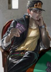 Rule 34 | 1boy, artist name, belt, black coat, black hair, black pants, card, chain, coat, commentary request, danart14020, green eyes, hand on own face, hat, highres, holding, holding card, jojo no kimyou na bouken, kuujou joutarou, lips, looking at viewer, male focus, multiple belts, muscular, pants, playing card, poker table, realistic, school uniform, shirt, sitting, solo, stardust crusaders, table, watch, wristwatch
