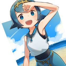 Rule 34 | 1girl, armpits, blue eyes, blue hair, blue pants, blue sailor collar, blush, bongnom, cloud, commentary, creatures (company), day, freckles, game freak, hairband, highres, lana (pokemon), nintendo, one-piece swimsuit, open mouth, outdoors, pants, pokemon, pokemon sm, sailor collar, shirt, shore, short hair, sky, sleeveless, smile, solo, sweat, swimsuit, swimsuit under clothes, teeth, tongue, trial captain