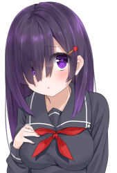 Rule 34 | 1girl, :o, blush, breasts, grey background, hair ornament, hair over one eye, hairclip, hand on own chest, hashiko nowoto, highres, large breasts, long hair, looking at viewer, neckerchief, original, parted lips, purple eyes, purple hair, red neckerchief, school uniform, serafuku, simple background, solo, tareme, upper body, white background
