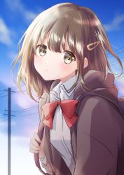 Rule 34 | 1girl, bag, black hoodie, blue sky, blurry, blurry background, bow, bowtie, brown eyes, brown hair, carrying, cloud, commentary, day, expressionless, hair ornament, hairclip, head tilt, highres, hood, hood down, hoodie, hoshiibara mato, leaning forward, looking at viewer, open clothes, open hoodie, original, outdoors, power lines, red bow, red bowtie, school bag, school uniform, shirt, short hair, shoulder carry, sky, solo, upper body, utility pole, white shirt