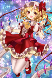 Rule 34 | 1girl, absurdres, adapted costume, alternate costume, ascot, bad id, bad pixiv id, blonde hair, bow, crystal, fang, flandre scarlet, floral background, floral print, frills, hat, hat bow, highres, jewelry, mary janes, mob cap, open mouth, ponytail, puffy sleeves, red eyes, ribbon, shanghai bisu, shirt, shoes, short hair, short sleeves, side ponytail, skirt, skirt set, smile, solo, sparkle, thighhighs, thighs, touhou, vest, white thighhighs, wings, wrist cuffs