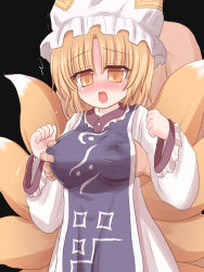 Rule 34 | 1girl, animal hat, blonde hair, blush, breasts, covered erect nipples, dress, fox tail, frills, grabbing, grabbing another&#039;s breast, hat, kitsune, lactation, lactation through clothes, large breasts, mob cap, multiple tails, open mouth, ry (yagoyago), short hair, solo focus, tabard, tail, tassel, touhou, white dress, yakumo ran, yellow eyes