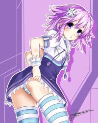 Rule 34 | 1girl, artist name, blush, d-pad, hair ornament, hairclip, highres, hood, hooded jacket, jacket, lifting own clothes, looking at viewer, looking back, neptune (neptunia), neptune (series), open mouth, panties, pantyshot, purple background, purple eyes, purple hair, short hair, solo, striped clothes, striped panties, striped thighhighs, thighhighs, underwear