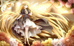 Rule 34 | 1girl, absurdly long hair, absurdres, black footwear, blue hair, blurry, blurry background, blurry foreground, bow, dress, floating hair, flower, full body, gosick, green eyes, hair bow, hair ribbon, highres, layered dress, lolita fashion, long hair, looking at viewer, orange bow, pink flower, pink rose, ribbon, rose, short sleeves, skirt hold, solo, standing, very long hair, victorica de blois, white bow, white ribbon, yellow bow