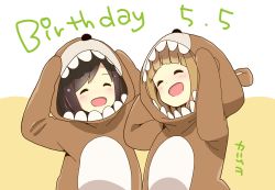 Rule 34 | 2girls, :d, absurdres, animal costume, arms up, bear costume, birthday, blush, brown background, brown hair, closed eyes, commentary request, dated, english text, facing viewer, highres, hitori bocchi, hitoribocchi no marumaru seikatsu, katsuwo (cr66g), light brown hair, multiple girls, open mouth, signature, smile, two-tone background, upper body, white background, yawara kai
