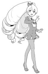 Rule 34 | 1girl, big hair, dress, drill hair, full body, greyscale, heriyama, long hair, looking at viewer, luna platz (mega man), mega man (series), mega man star force, monochrome, open mouth, pantyhose, simple background, smile, solo, twin drills, twintails, white background