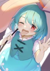 Rule 34 | 1girl, ;d, blue hair, blue skirt, blue vest, cross-laced clothes, holding, holding umbrella, looking at viewer, one eye closed, open mouth, piyodesu, purple umbrella, red eyes, shirt, short sleeves, skirt, smile, solo, tatara kogasa, tongue, tongue out, touhou, umbrella, vest, white shirt