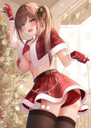 Rule 34 | 1girl, absurdres, ass, black thighhighs, blush, breasts, brown eyes, brown hair, christmas tree, commentary request, cowboy shot, duplicate, gloves, hair ornament, hairclip, highres, indoors, large breasts, long hair, looking at viewer, monaka curl, open mouth, original, panties, red gloves, red panties, red skirt, santa costume, side ponytail, skirt, solo, thighhighs, thighs, underboob, underwear