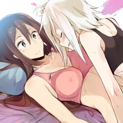 Rule 34 | 10s, 2girls, alternate hairstyle, blue eyes, blush, bra, breasts, brown hair, cleavage, closed eyes, condom, covered erect nipples, creatures (company), female focus, freckles, game freak, gym leader, hair down, hand on another&#039;s head, headpat, heart, implied fingering, kawaisou, large breasts, long hair, lying, multiple girls, navel, nintendo, open mouth, out-of-frame censoring, pillow, pokemon, pokemon bw2, rosa (pokemon), roxie (pokemon), see-through, short hair, smile, sports bra, sweat, underwear, white hair, yuri