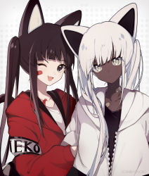 Rule 34 | 1girl, ;d, animal ears, arm hug, armband, artist name, bandaid, bandaid on face, bandaid on neck, black shirt, blouse, blunt bangs, captain yue, cat ears, cat girl, cat tail, closed mouth, clothes writing, collarbone, commentary, dark skin, expressionless, fang, grey eyes, head tilt, highres, hood, hood down, hooded jacket, jacket, long hair, long sleeves, looking at viewer, one eye closed, open clothes, open jacket, open mouth, original, purple eyes, red jacket, shirt, sidelocks, silver hair, skin fang, slit pupils, smile, tail, twintails, unzipped, upper body, white jacket, white shirt