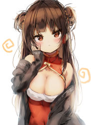 Rule 34 | 1girl, alternate costume, alternate hairstyle, bare shoulders, black hair, blush, breasts, brown eyes, china dress, chinese clothes, cleavage, cleavage cutout, clothing cutout, commentary, double bun, dress, hair bun, hair tubes, hakurei reimu, hand on own cheek, hand on own face, hand up, large breasts, long hair, long sleeves, looking at viewer, off shoulder, piyokichi, red dress, sidelocks, simple background, sleeveless, sleeves past wrists, solo, touhou, upper body, very long hair, white background