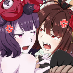 Rule 34 | 2girls, ahoge, anger vein, animal ears, brown hair, colored skin, dog ears, drill bulbul, face-to-face, fate/grand order, fate (series), fingerless gloves, gloves, katsushika hokusai (fate), katsushika hokusai (third ascension) (fate), kyokutei bakin (fate), multiple girls, purple eyes, purple hair, purple skin, red eyes