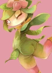 Rule 34 | 1girl, absurdres, arm up, ass, blush, colored sclera, colored skin, creatures (company), dutch angle, female focus, flat chest, flower, from behind, game freak, green hair, green leotard, green skin, hair flower, hair ornament, highres, hisuian lilligant, leaf, leg up, leotard, looking at viewer, looking back, monster girl, multicolored skin, nintendo, no mouth, one eye closed, outstretched arm, pink background, pink flower, pink sclera, pink skin, plant girl, pokemon, pokemon (creature), redtrain, short hair, sidelocks, simple background, solo, standing, standing on one leg, strapless, strapless leotard, swept bangs, thighs, white eyes, white skin, wink