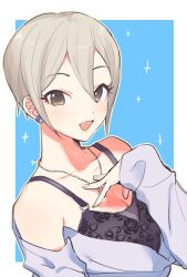 Rule 34 | 1girl, bare shoulders, black camisole, black eyes, blue background, blush, border, breasts, camisole, cleavage, collarbone, earrings, floral print, grey hair, hair between eyes, hand on own chest, idolmaster, idolmaster cinderella girls, idolmaster cinderella girls starlight stage, jewelry, long sleeves, looking at viewer, medium breasts, necklace, open mouth, outside border, print camisole, purple shirt, rose print, shiomi syuko, shirt, short hair, simple background, smile, solo, sparkle, upper body, white border, yunion (sibujya)