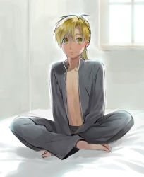 Rule 34 | 1boy, alphonse elric, androgynous, barefoot, bed, blonde hair, fullmetal alchemist, grey background, crossed legs, long hair, looking at viewer, male focus, noako, open clothes, open shirt, pants, shirt, simple background, smile, solo, solo focus, window, yellow eyes