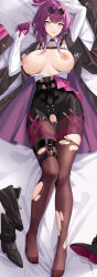 Rule 34 | 1girl, arm up, black footwear, black jacket, black shorts, breasts, breasts out, brown pantyhose, censored, closed mouth, collared shirt, dakimakura (medium), eyewear on head, gloves, hair between eyes, high-waist shorts, highres, honkai: star rail, honkai (series), jacket, kafka (honkai: star rail), large breasts, long hair, long sleeves, looking at viewer, lying, mosaic censoring, nipples, on back, open clothes, open jacket, otakueden1995, pantyhose, purple eyes, purple gloves, purple hair, pussy, round eyewear, shirt, shorts, smile, solo, sunglasses, torn clothes, torn pantyhose, unworn footwear, white shirt