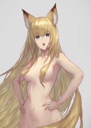 Rule 34 | 1girl, absurdres, animal ears, blonde hair, blue eyes, breasts, character request, commentary, copyright request, fox ears, grey background, groin, hair between eyes, hair censor, hands on own hips, highres, long hair, looking at viewer, medium breasts, navel, nude, open mouth, simple background, solo, stomach, symbol-only commentary, upper body, very long hair, wide hips, yasu (segawahiroyasu)